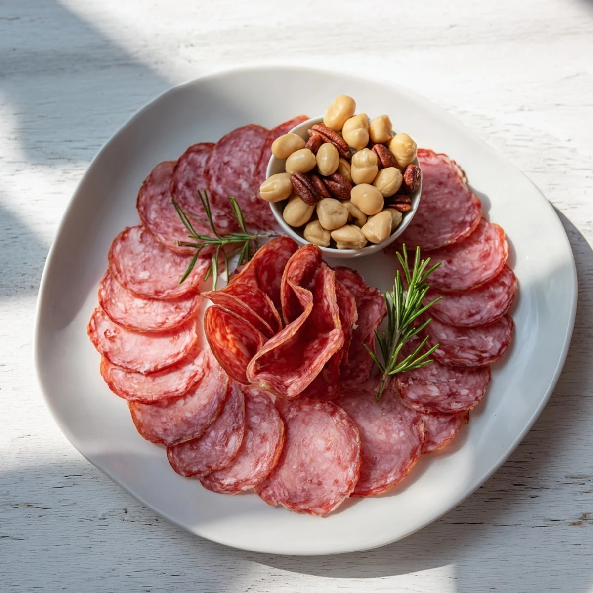 Elegant The Infinity Loop appetizer with salami looping around bowls of mixed nuts, ready to serve.