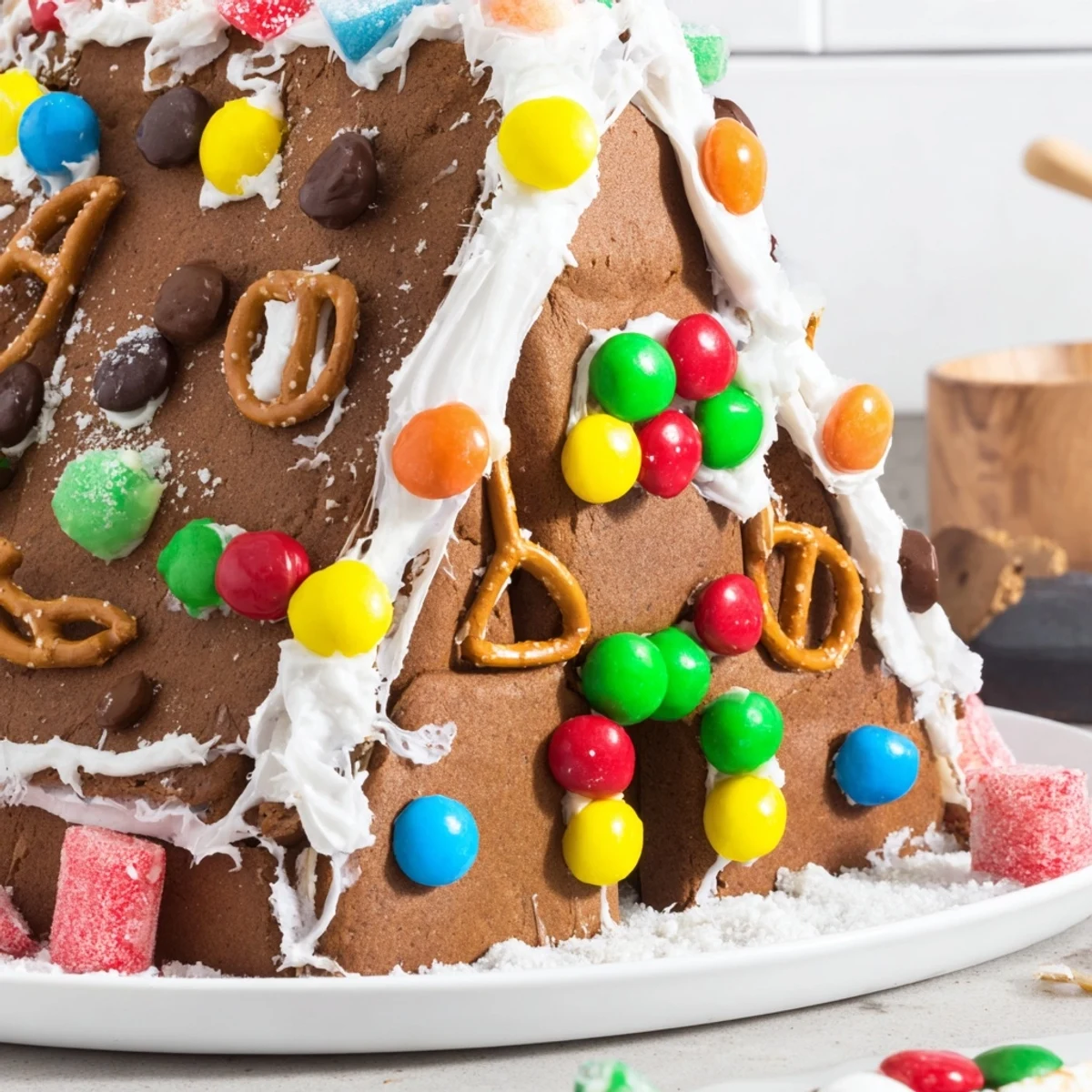 Festive gingerbread house decorating kit with colorful candies, perfect for holiday family fun.