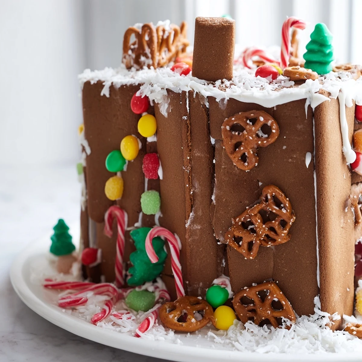 Sweet and delicious, a homemade gingerbread house complete with candy and tempting icing accents.