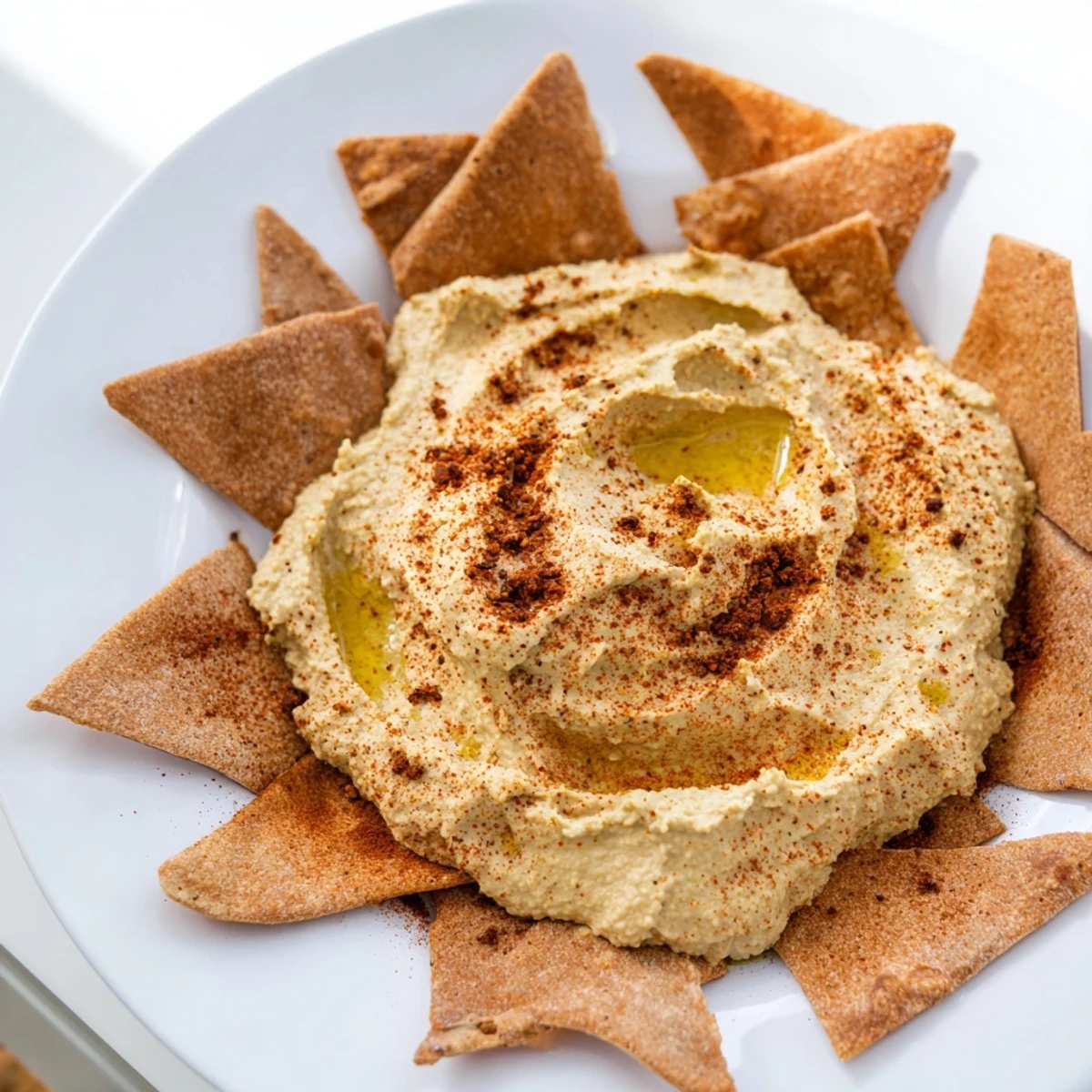 Creamy Sahara Dune appetizer: Picture smooth hummus mounds with golden pita "dunes" sprinkled with paprika.