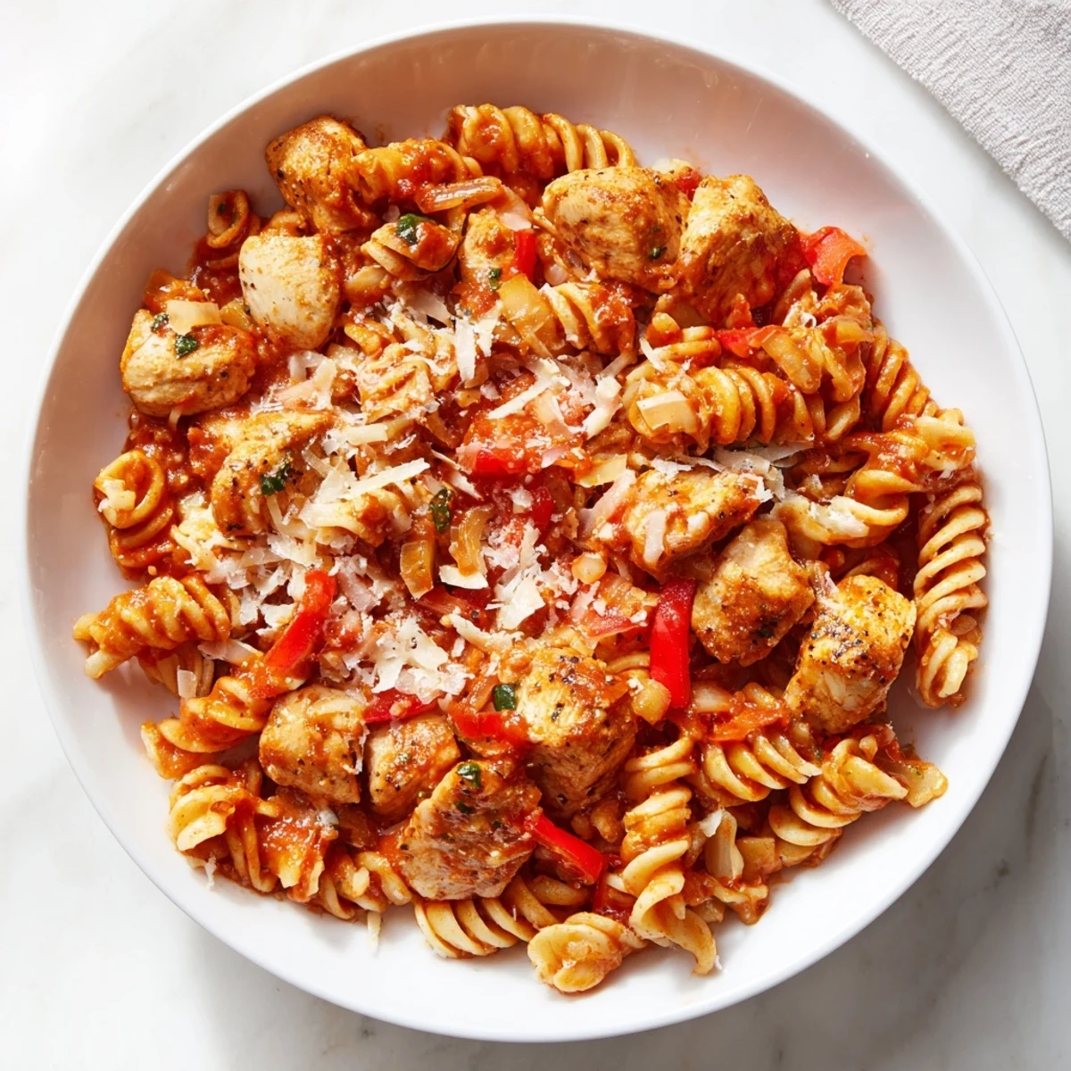 Vibrant red One-Pan Pizza Pasta with pepperoni and mozzarella, ready for a comforting meal.