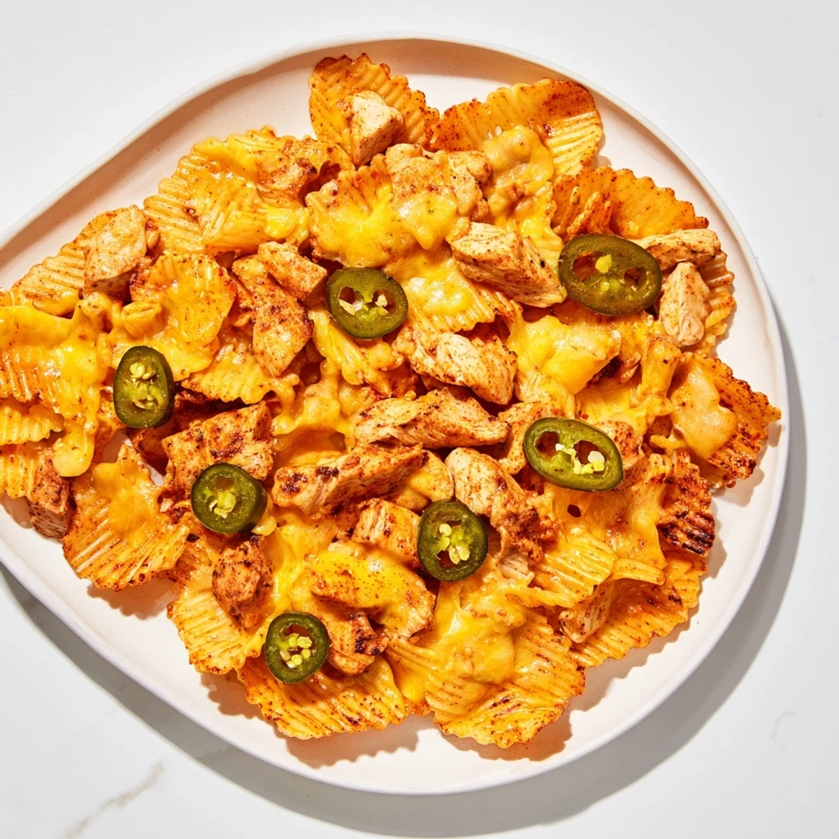 Air-fried Pasta Chip Nachos: Crispy pasta chips topped with savory taco chicken, melted cheese, and fresh jalapeños.