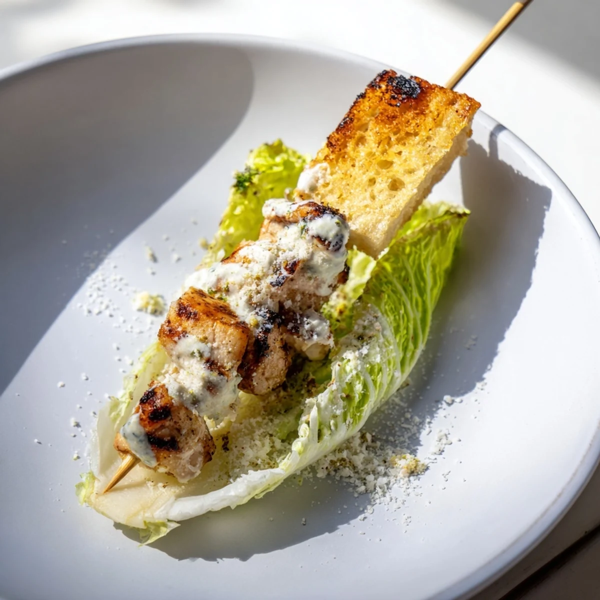 Delicious Chicken Caesar Salad Skewers arranged on a platter, showcasing grilled chicken and crunchy croutons.