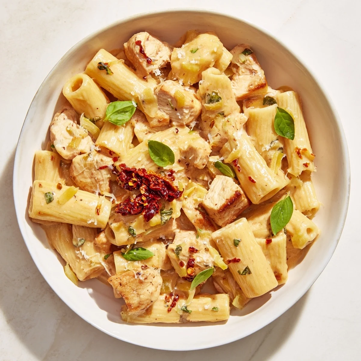 A steaming bowl of Spicy Vodka Chicken Pasta with perfectly cooked rigatoni visible.