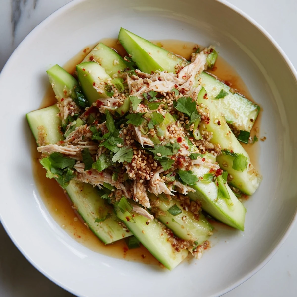Cracked Whole Cucumber Logan Salad with shredded chicken, a refreshing Asian-inspired main dish.