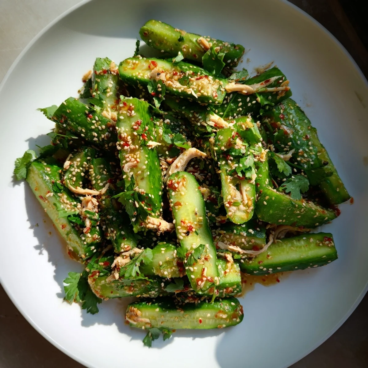 Enjoy the crunch: A close-up view of Whole Cucumber Logan Salad, tossed in savory dressing.
