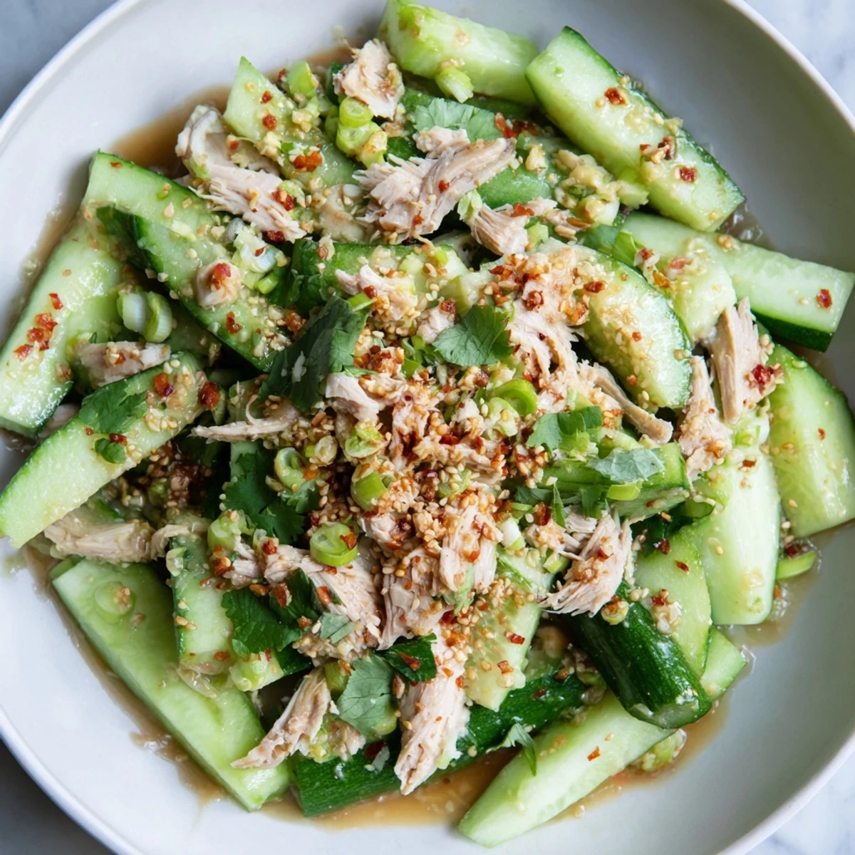 A vibrant bowl of Whole Cucumber Logan Salad, featuring juicy chicken and sesame seed garnish.