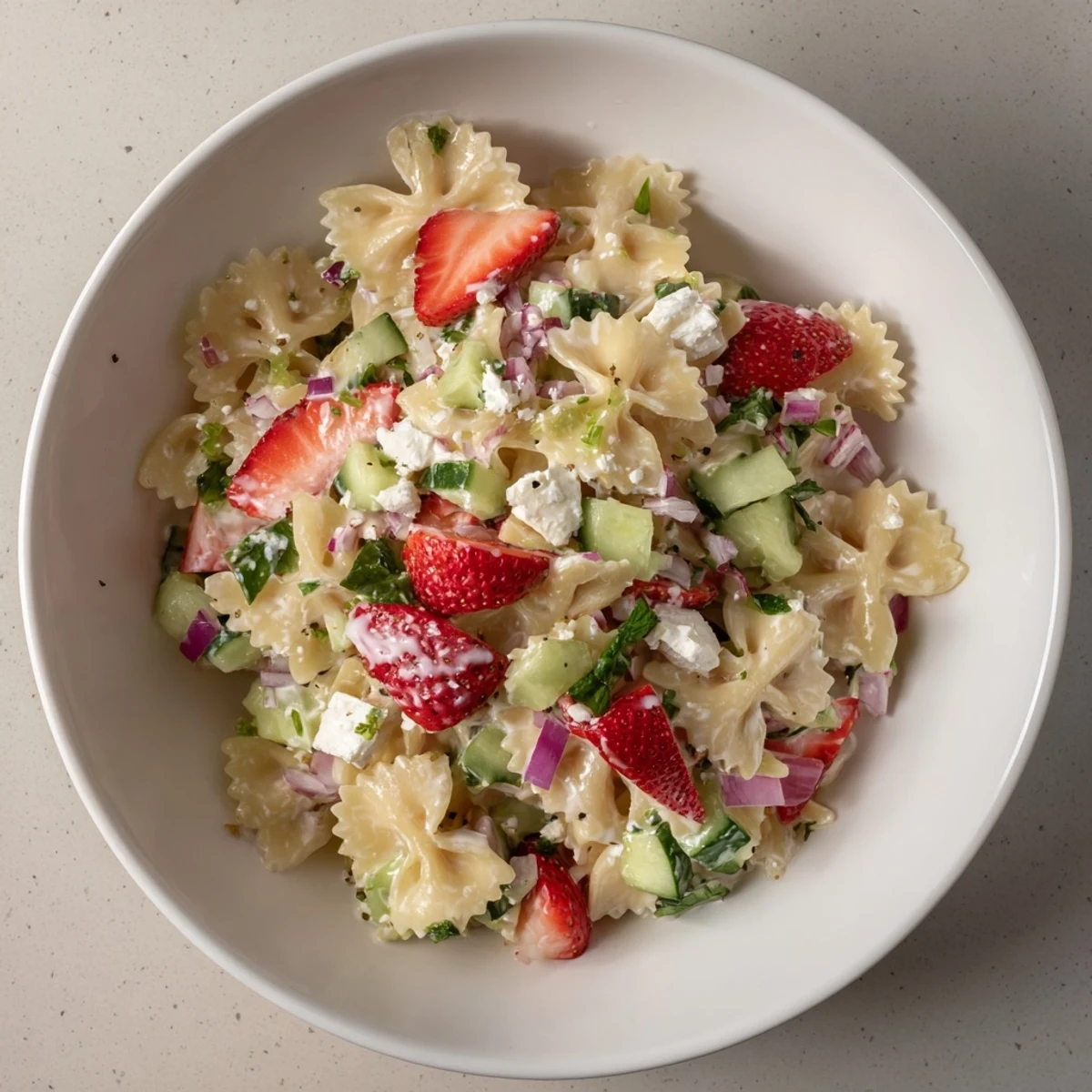 A vibrant bowl of Strawberry Feta Pasta showcasing fresh strawberries and creamy feta.