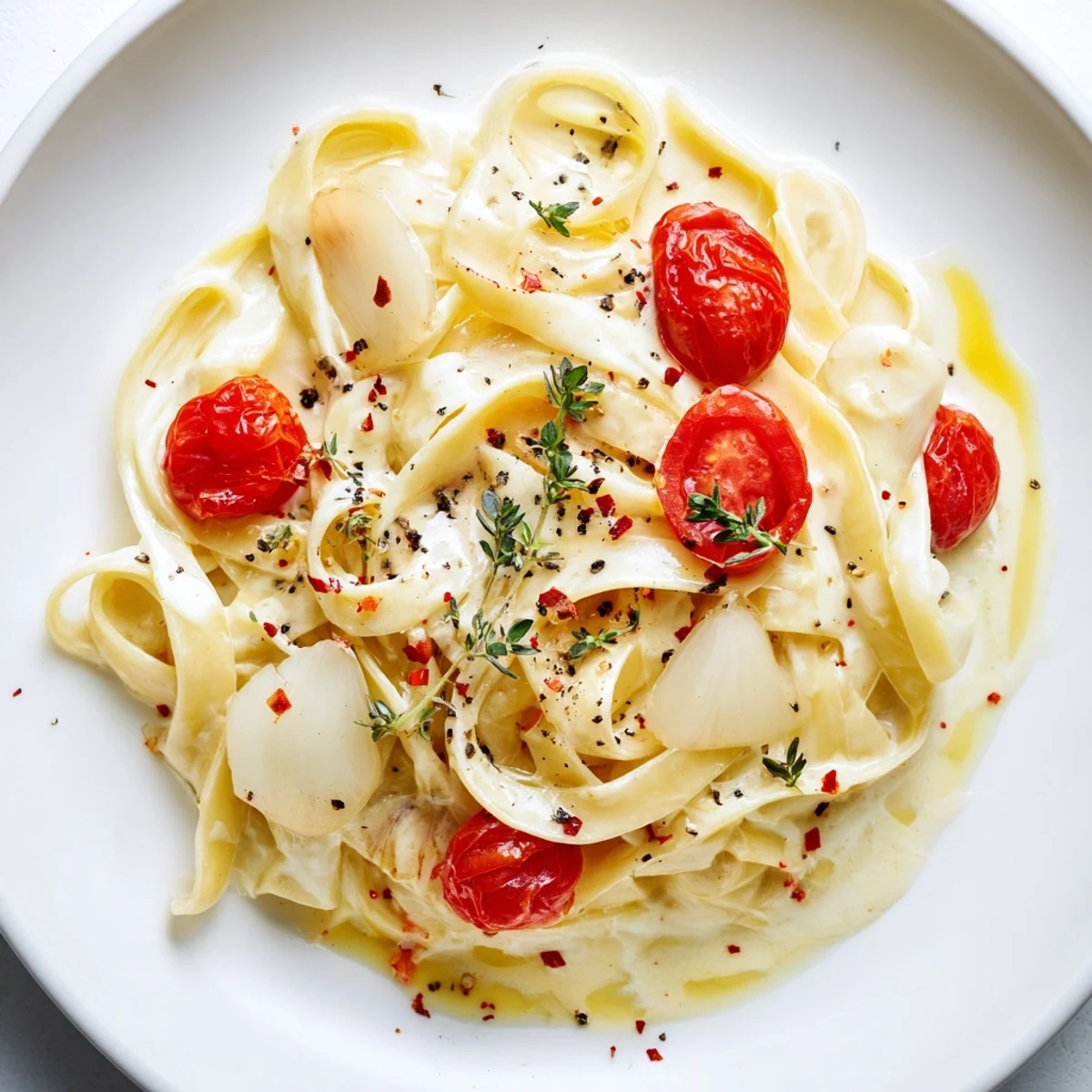 A bubbly Baked Brie Pasta Sauce, clinging to fettuccine and studded with bright red cherry tomatoes.