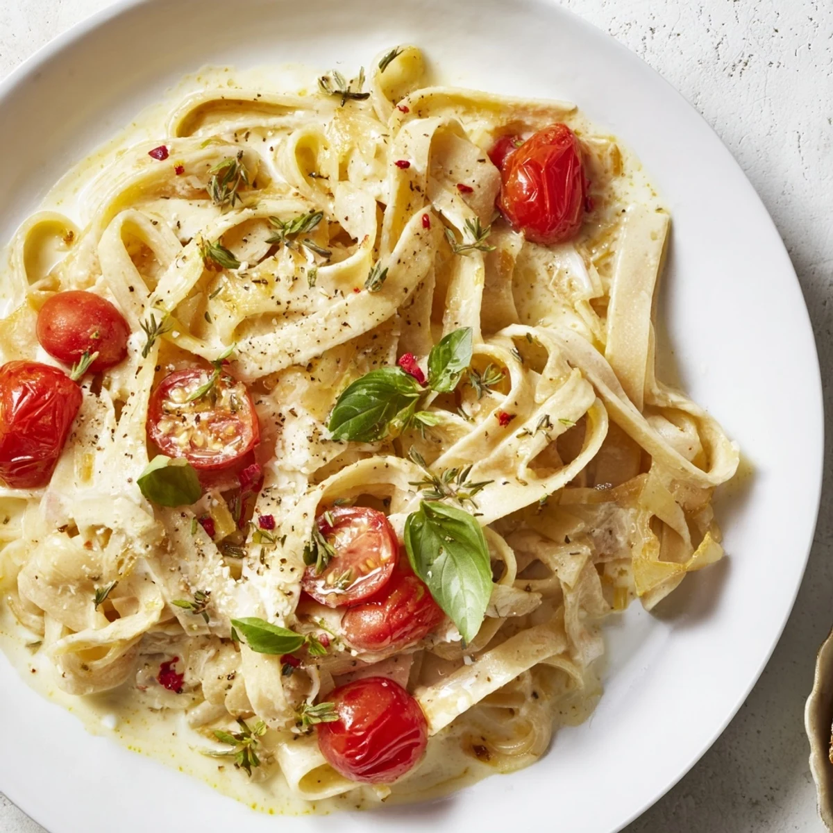 Creamy, melted brie forms the luscious base for this Baked Brie Pasta Sauce, garnished with fresh basil.