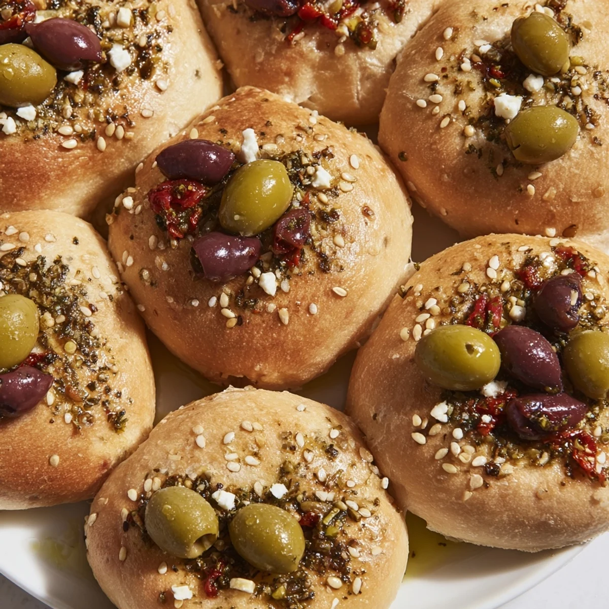 Close-up of the Cobblestone Courtyard, showing the intricate layering of crackers and colorful olives.