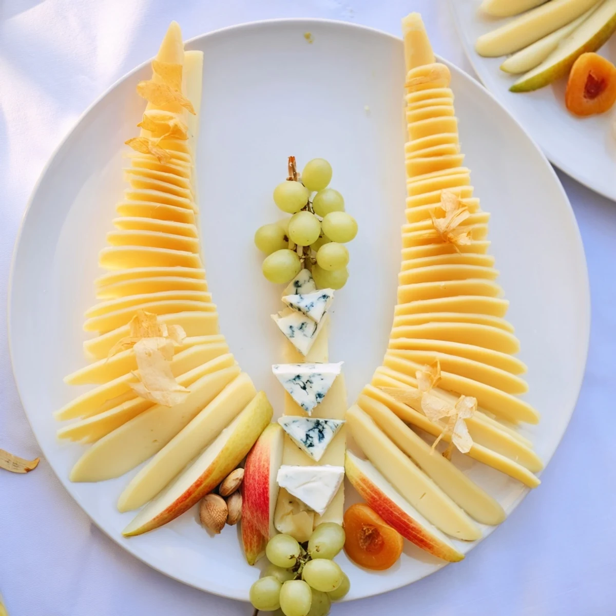Art Deco Arch Cheese Platter with aged cheddar, Gruyère, and vibrant fruit arranged for a stunning appetizer.