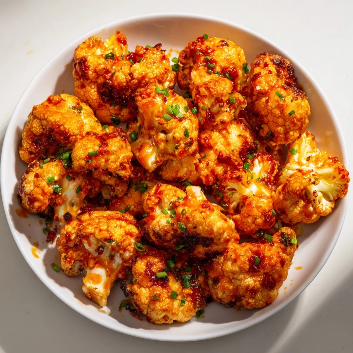Golden-brown Sriracha-Buffalo Cauliflower Bites, crispy on the outside and coated in a spicy glaze.