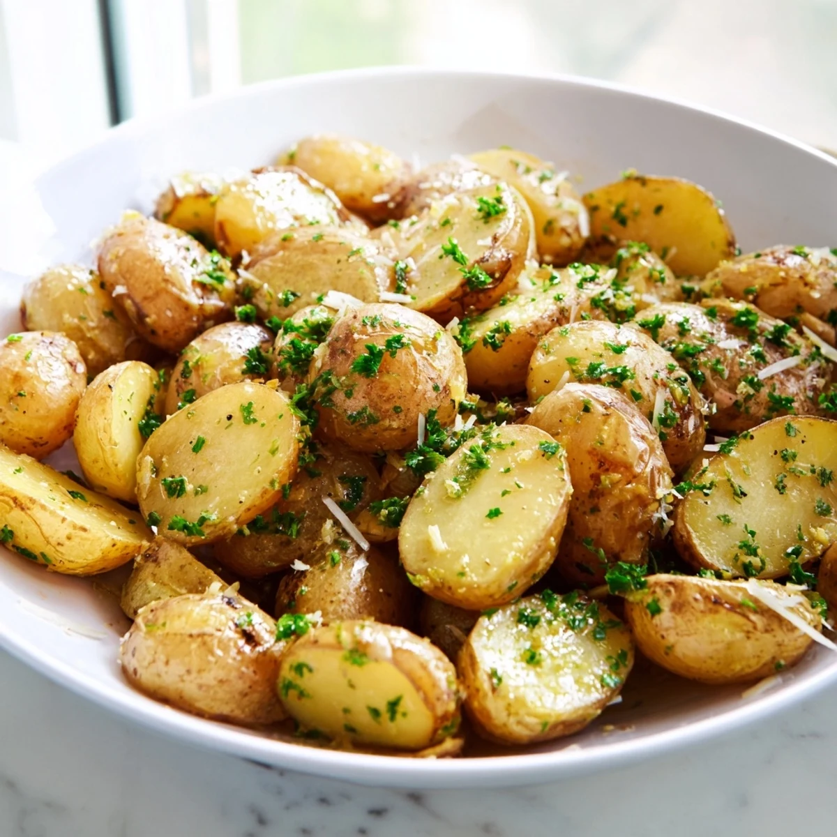 Golden-brown Parmesan smashed potatoes, crispy edges, herbs, and garlic—a delightful side dish.