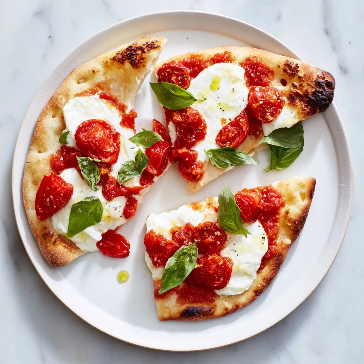 A close-up of a delicious Quick Margherita Naan Pizza, showcasing its simple, fresh ingredients and flavors.