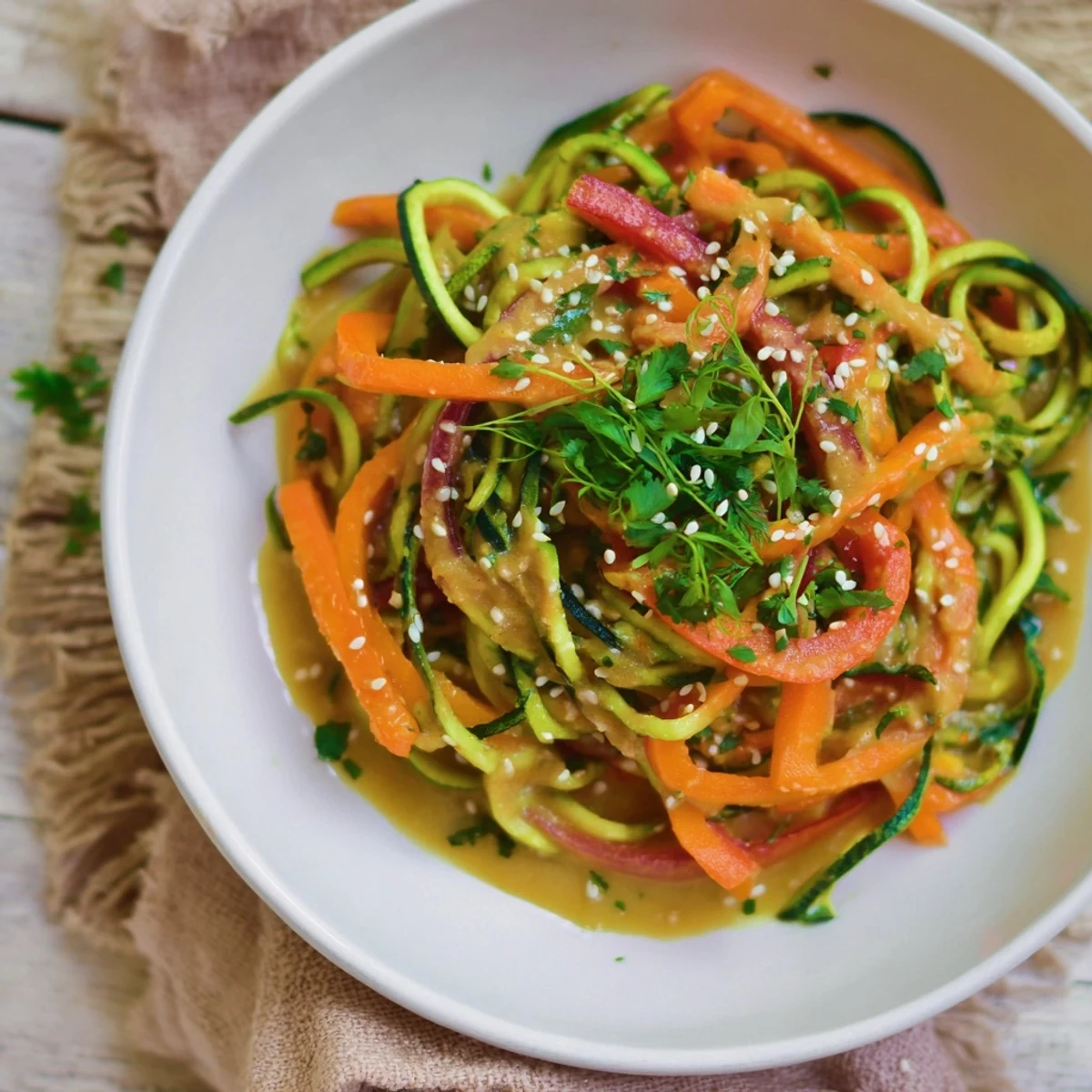 Bright, colorful Zesty Peanut Zucchini Noodles salad with fresh cilantro and crunchy peanuts, ready to enjoy.