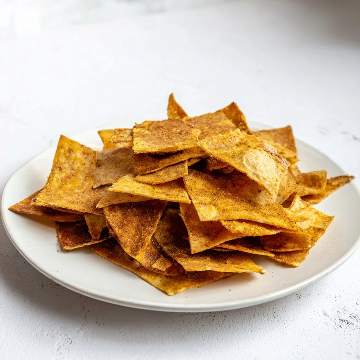 A close-up of air-fried Homemade Air-Fryer Tortilla Chips, seasoned and ready for your favorite dips.