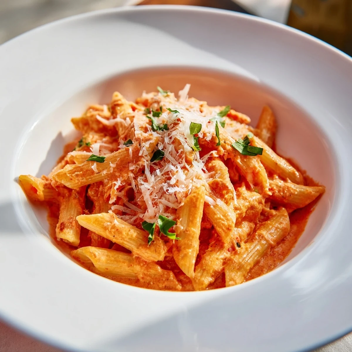 Steaming Basil Garlic One-Pot Creamy Tomato Pasta, swirled with parmesan and fresh basil, ready to eat.