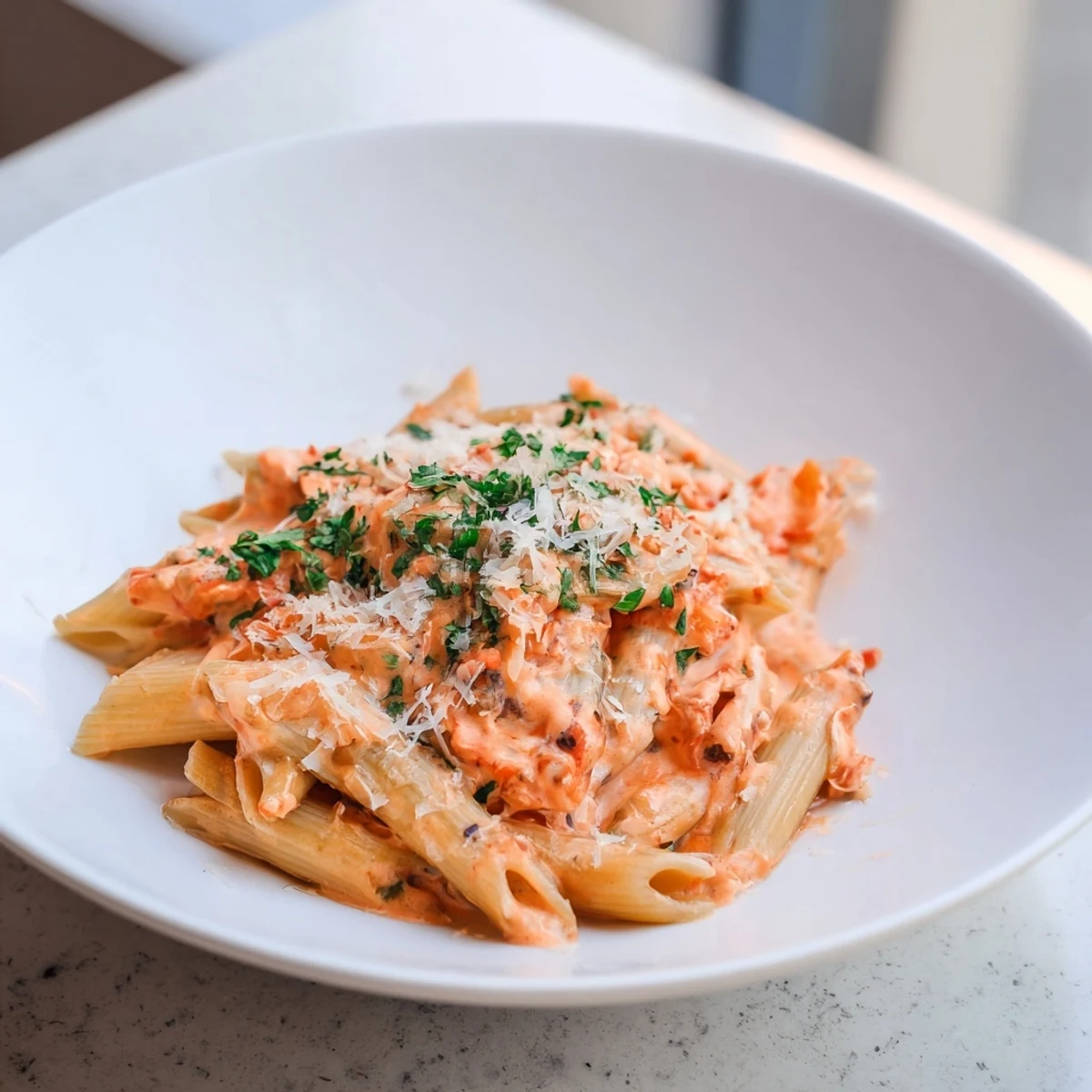 A beautiful bowl of Basil Garlic One-Pot Creamy Tomato Pasta, garnished with fresh basil for dinner.