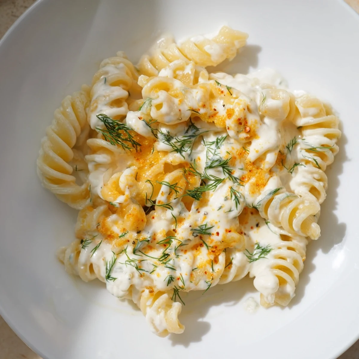 Steaming bowl of Turkish Yogurt Pasta, swirled with creamy yogurt and aromatic spiced butter.