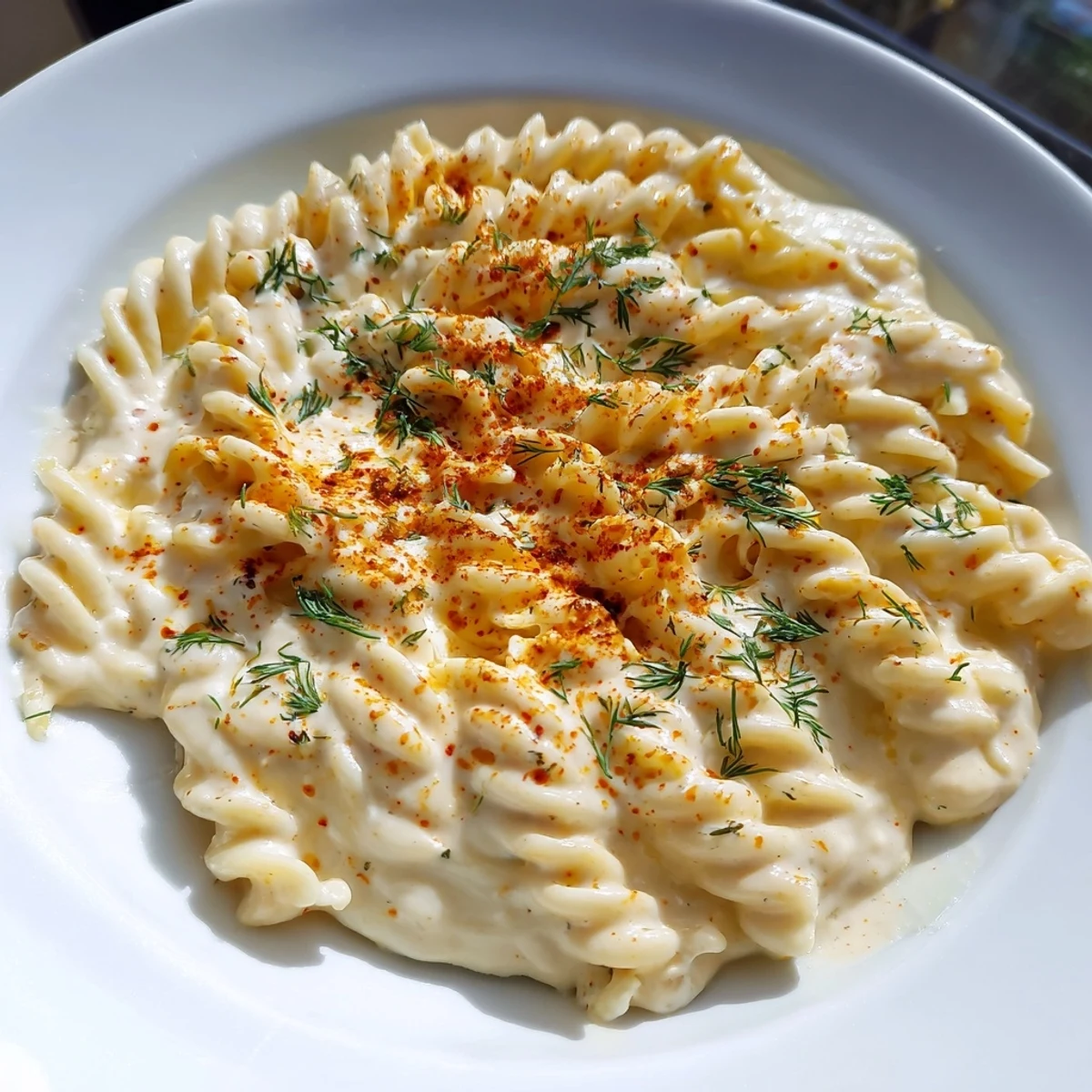 A close-up of delicious Turkish Yogurt Pasta, coated in a luscious yogurt sauce and sprinkled with herbs.