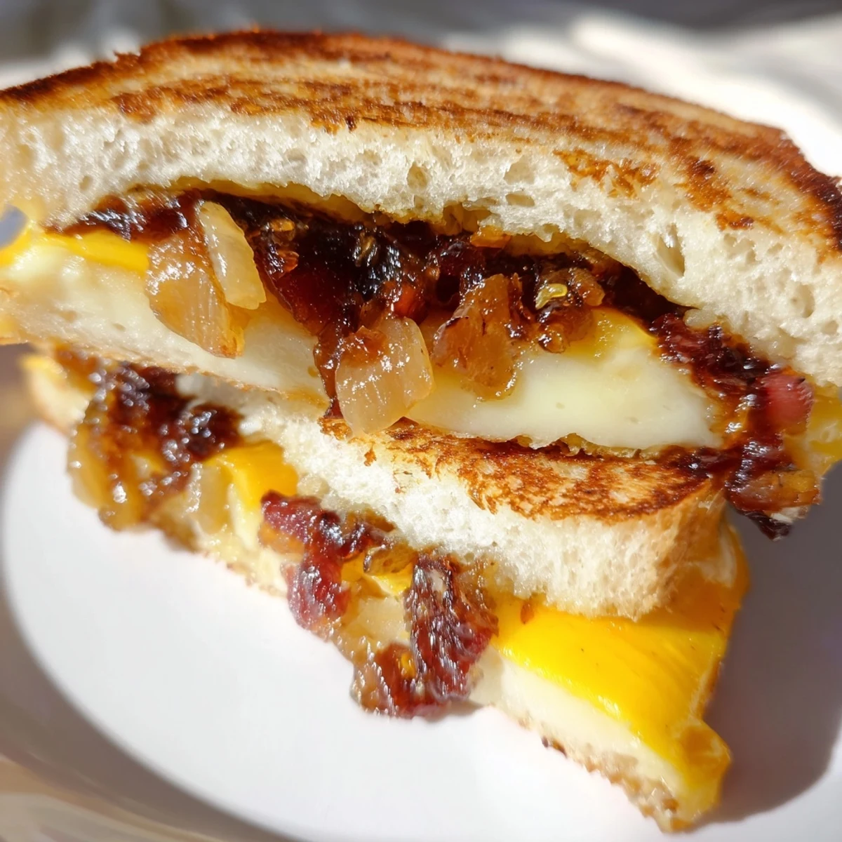 Crispy bacon jam seeps from a toasted Bacon Jam Grilled Cheese, a delicious sandwich.