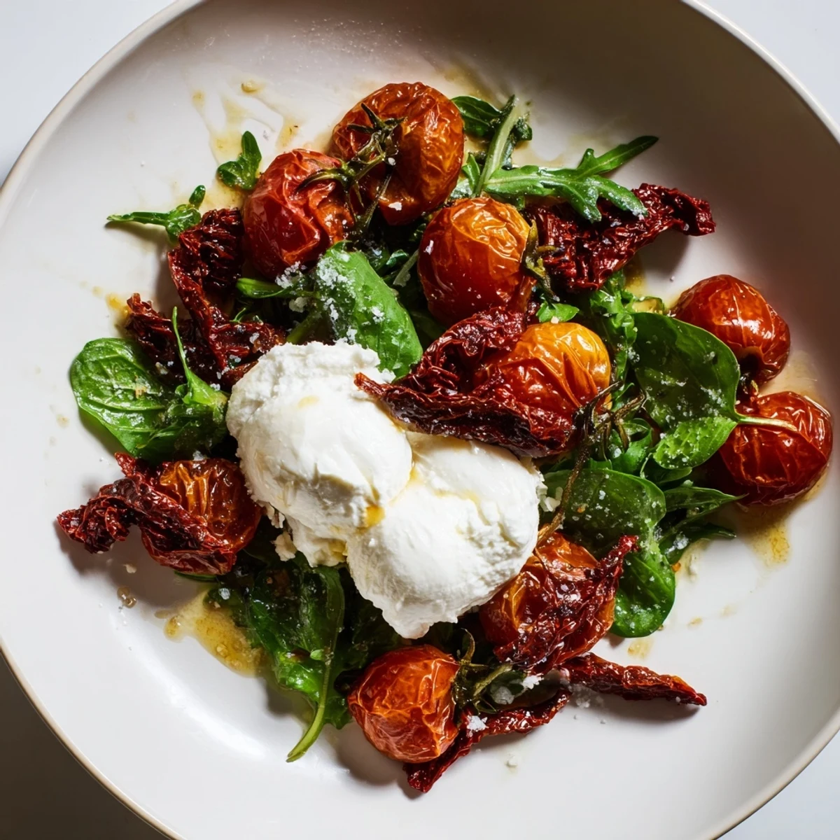 Delectable Tomato Flight Salad featuring colorful tomatoes, drizzled with balsamic glaze, perfect for a starter.