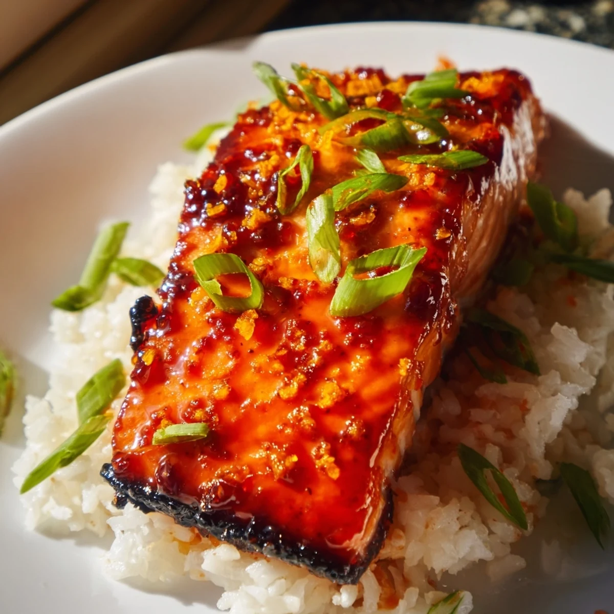 Golden, glazed Sticky Orange Salmon atop fluffy rice, ready to enjoy this flavorful, complete meal.