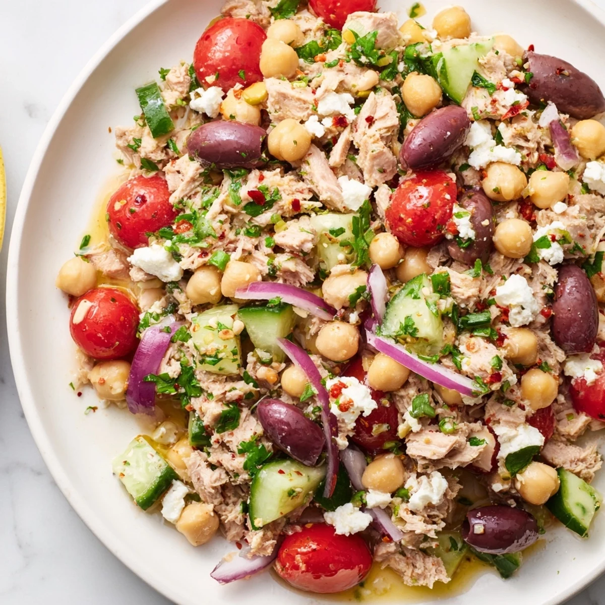 Delicious and healthy Tuna Chickpea Salad, a refreshing light dinner option piled high.