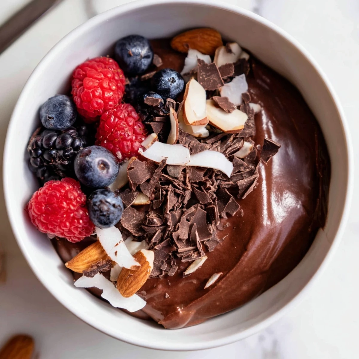 Velvety-smooth Chocolate Avocado Mousse, garnished with fresh berries and shaved dark chocolate, awaits eating.