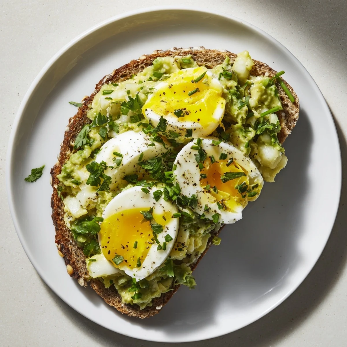 Creamy Avocado Egg Smash on toasted bread, garnished with fresh herbs and ready to enjoy.