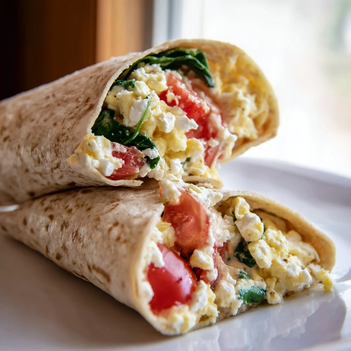Feta egg wrap filled with creamy eggs, vegetables, and savory feta, ready to eat.