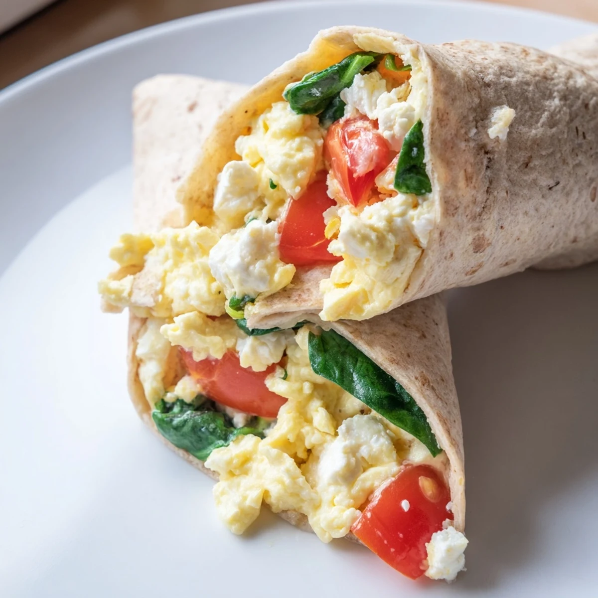 A close-up of a delicious feta egg wrap, showing the textures of fluffy eggs and feta.