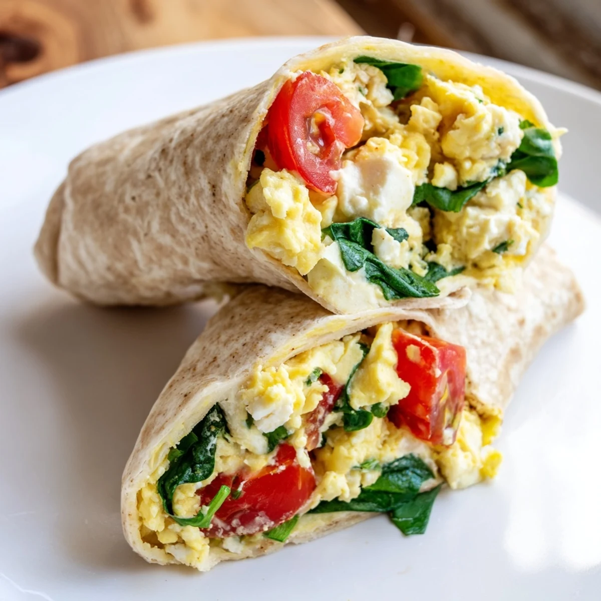 Golden-yellow feta egg wrap with visible spinach and tomato, perfect for a quick breakfast.