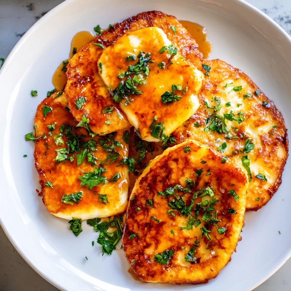 Golden-brown Hot Honey Halloumi, a flavorful appetizer, drizzled with sweet and spicy glaze.