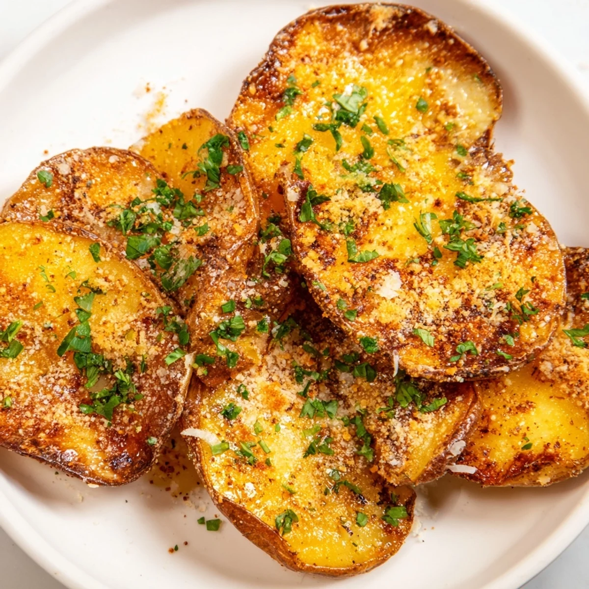 Golden, crispy Garlic Parmesan Potatoes ready to serve, a delicious side dish for any meal.