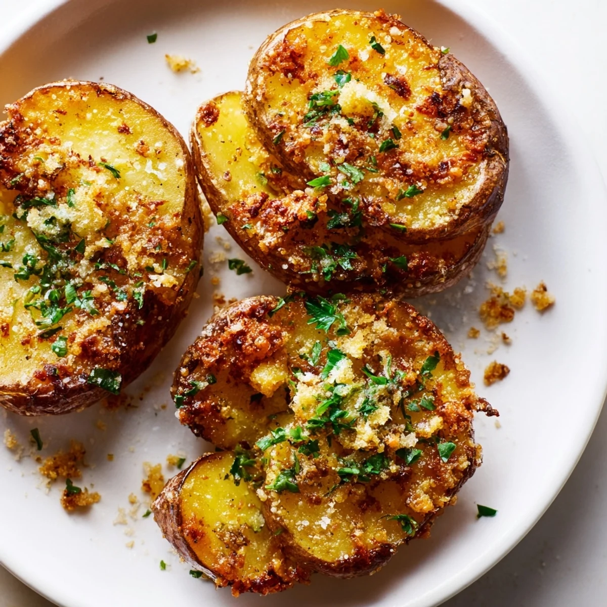 Freshly baked Garlic Parmesan Potatoes, featuring smashed potato halves coated with melted garlic butter.