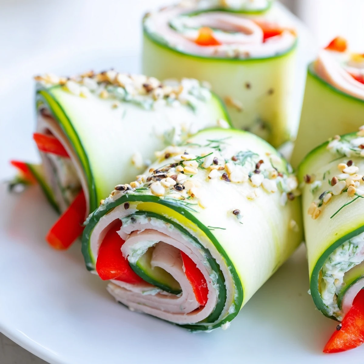 Cucumber Roll-Ups featuring creamy cheese and deli meat, a refreshing low-carb snack.