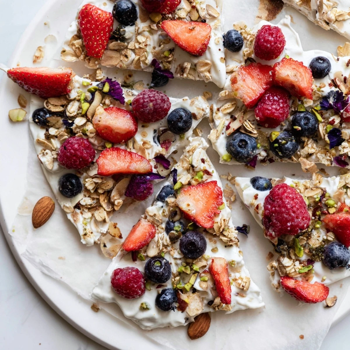 Close-up of frozen yogurt bark, a delightful mix of berries and creamy yogurt, ready to be enjoyed.