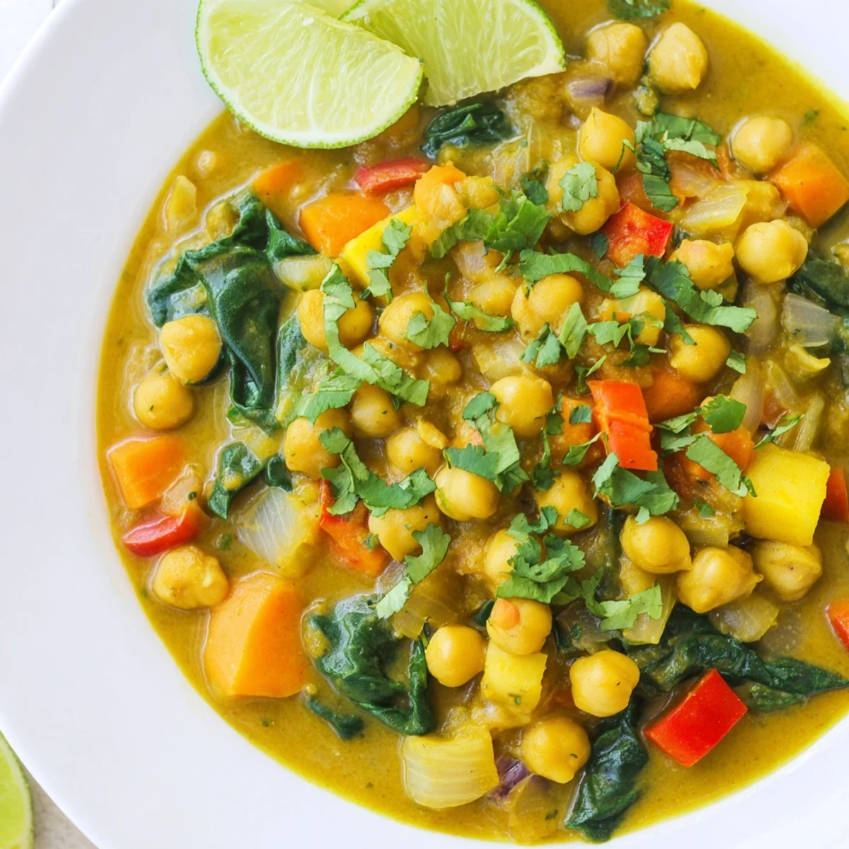 A steaming bowl of creamy Chickpea Curry, garnished with fresh cilantro and a lime wedge.