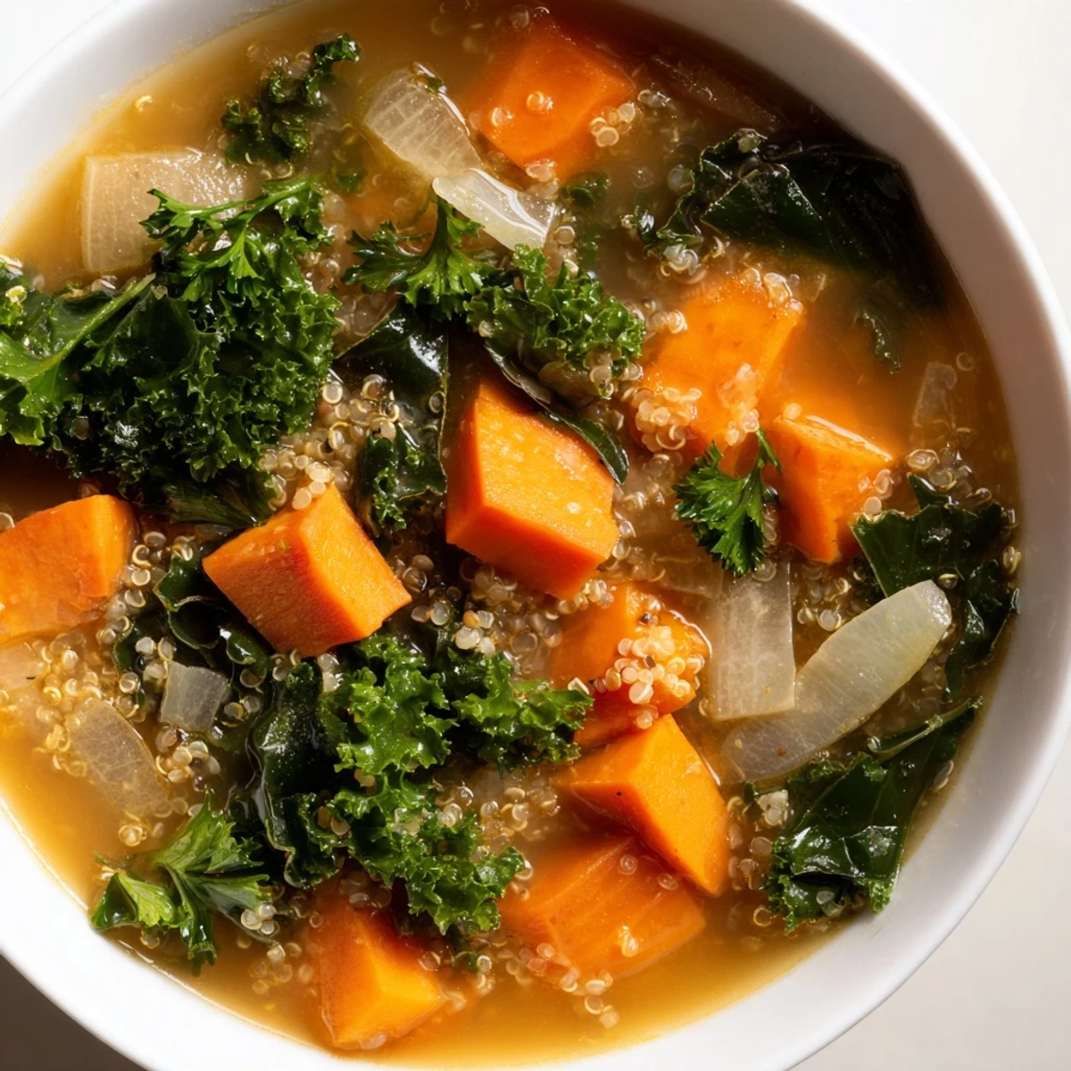 Steaming bowl of Nourishing Winter Veggie Soup, perfect for a cold day, garnished with fresh parsley.