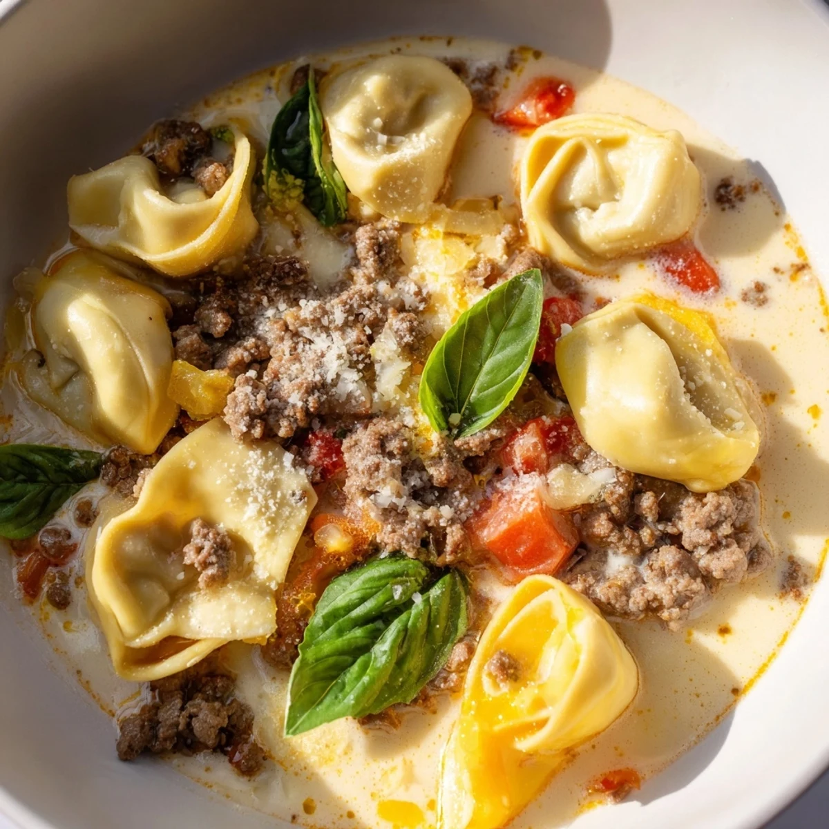 Comforting close-up of Tortellini Beef Soup, with visible chunky vegetables in a savory broth.