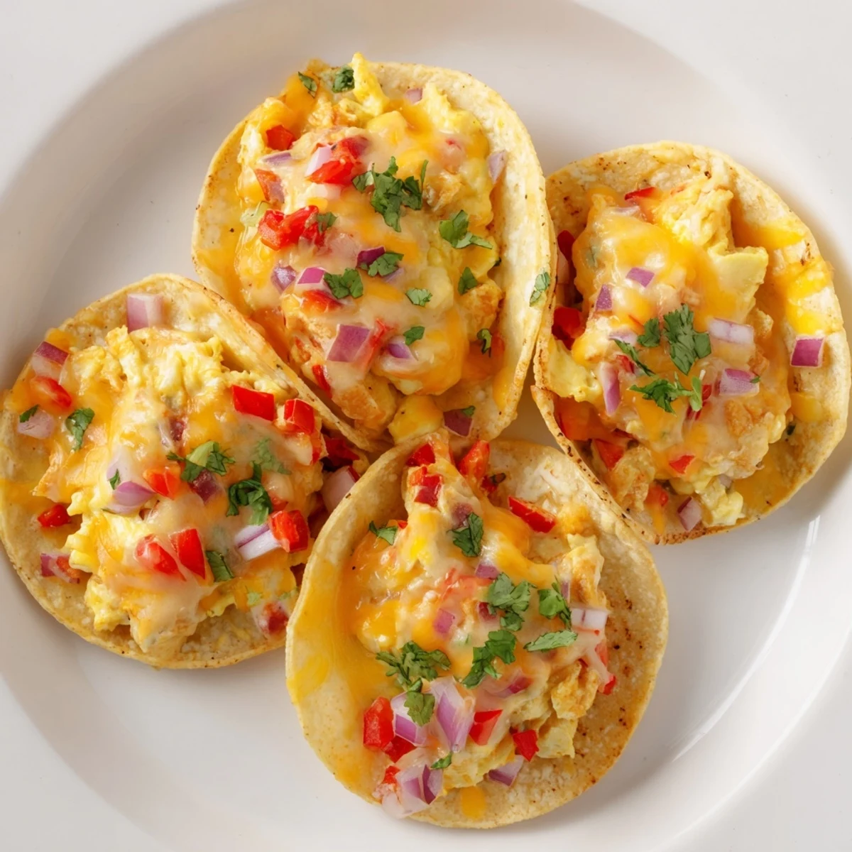 A close-up view of warm, cheesy Sheet Pan Breakfast Tacos, ready to be topped with salsa.