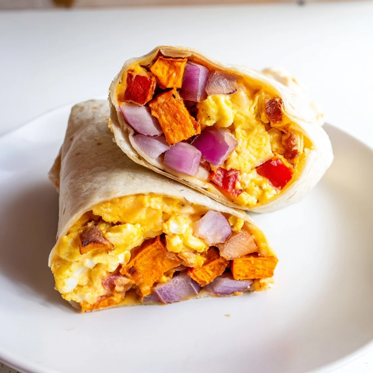 Warm, savory sweet potato breakfast burritos overflowing with roasted vegetables and melted cheese.