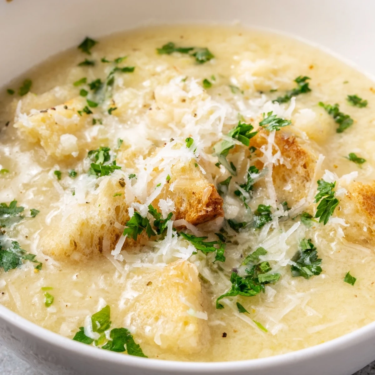 Creamy Garlic Bread Soup: A warm, inviting bowl of creamy soup garnished with vibrant green parsley.