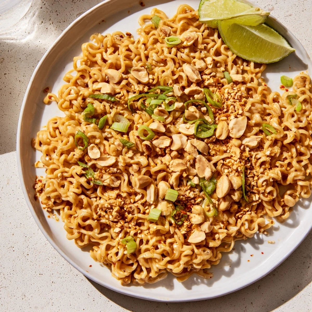 Close-up of rich, glossy Instant Peanut Thai Sauce Noodles, ready to be enjoyed with a squeeze of lime.