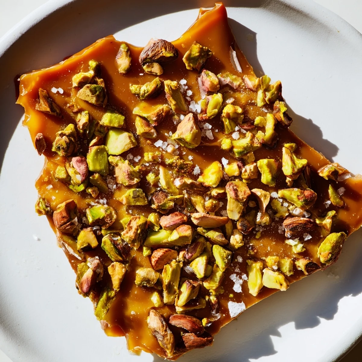 Close-up of freshly made Pistachio Salted Caramel Bark: crunchy pistachios atop creamy layers of chocolate.