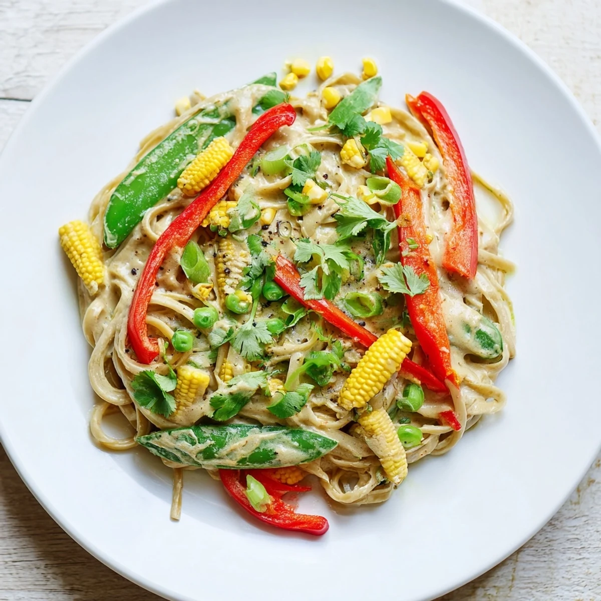 Creamy Thai Curry Pasta tossed with crisp vegetables; imagine the vibrant colors and delightful aroma.