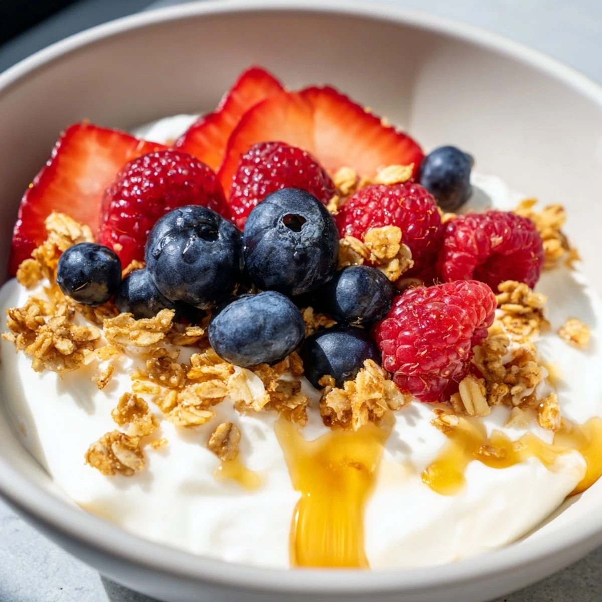 Creamy cottage cheese hot honey bowl drizzled with spicy honey, fresh berries, and crispy granola.