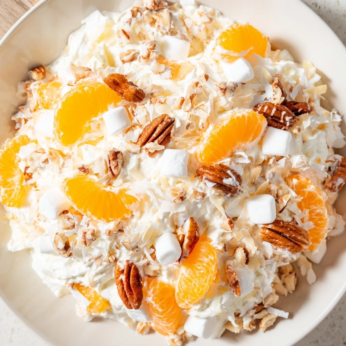 Classic Elevated Ambrosia Salad, creamy with mandarin oranges, toasted pecans, and bourbon-infused whipped cream.